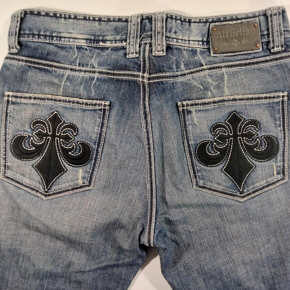Affliction Denim Killers Men’s Jeans 34X32 Medium Wash Cross Goth Grunge Emo Y2K - Picture 2 of 9